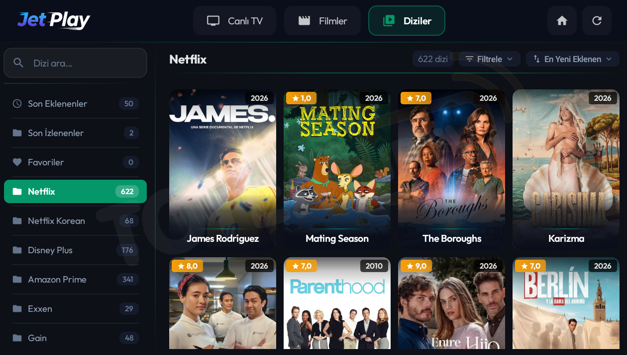 JetPlay diziler ekranı